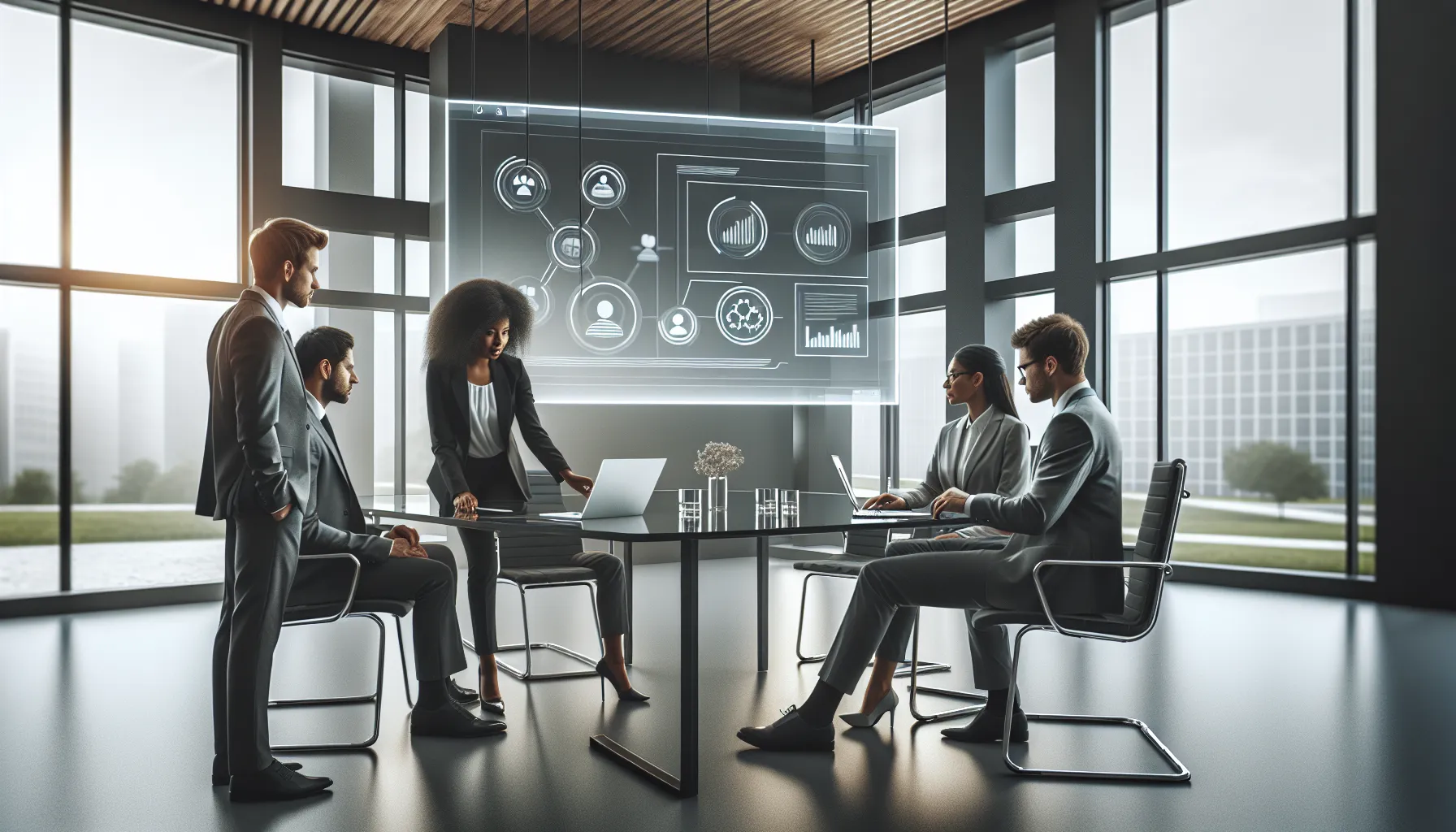 diverse team collaborating on a laptop in a modern office.