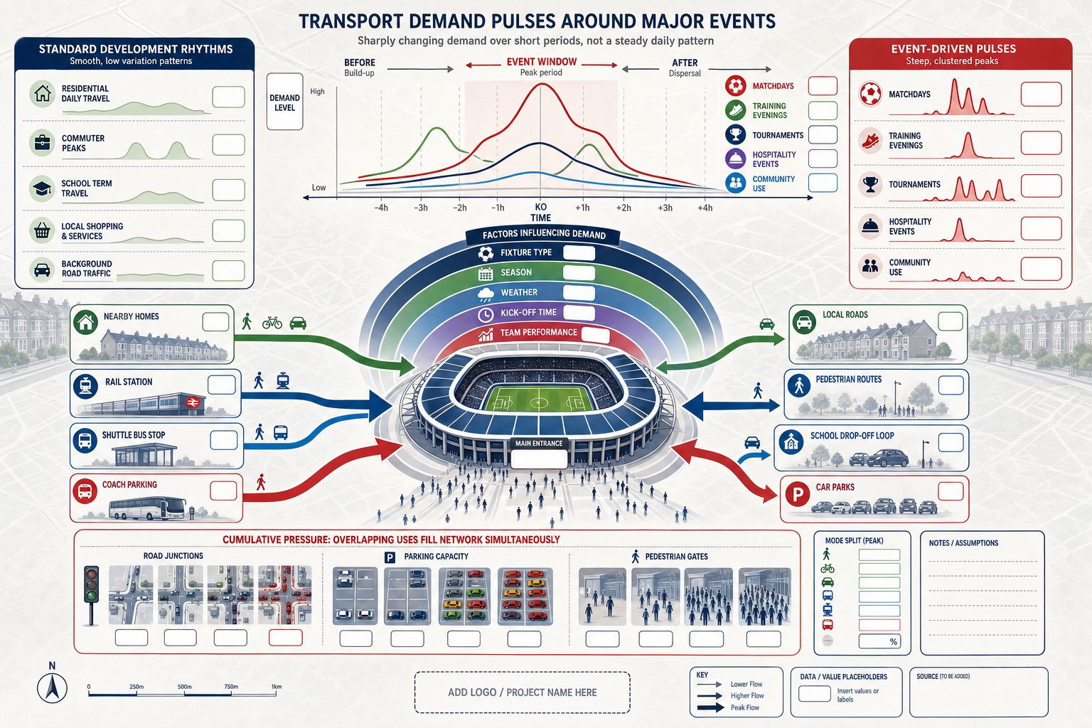 Infographic showing sports ground transport peaks, travel modes, and overlapping event impacts.