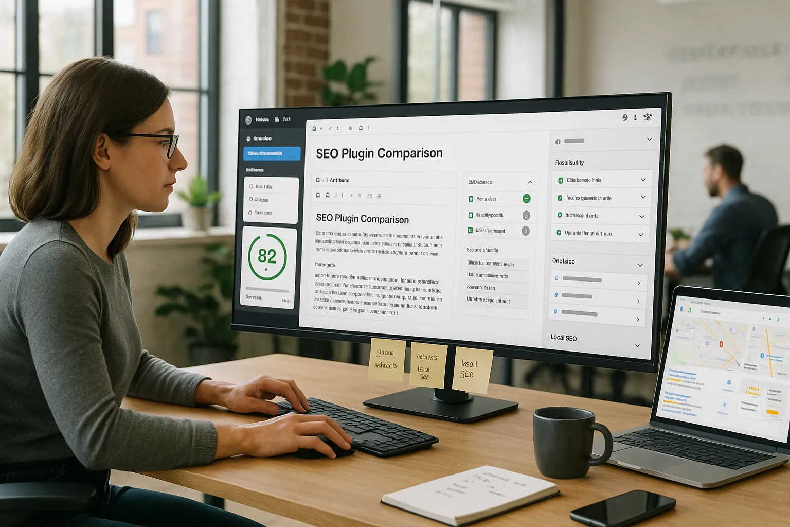 Marketer compares Rank Math, Yoast, and AIOSEO interfaces on a WordPress screen.