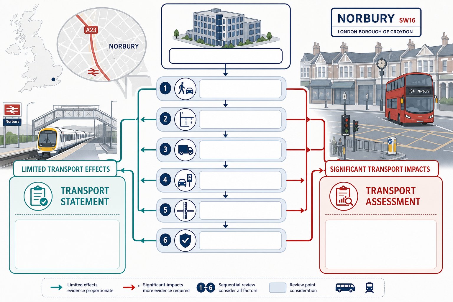 Decision infographic showing when transport statement or assessment is needed in Norbury.