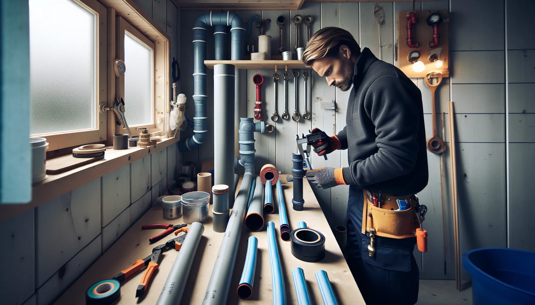 Norwegian plumber compares different plastic pipes and fittings on a workbench.
