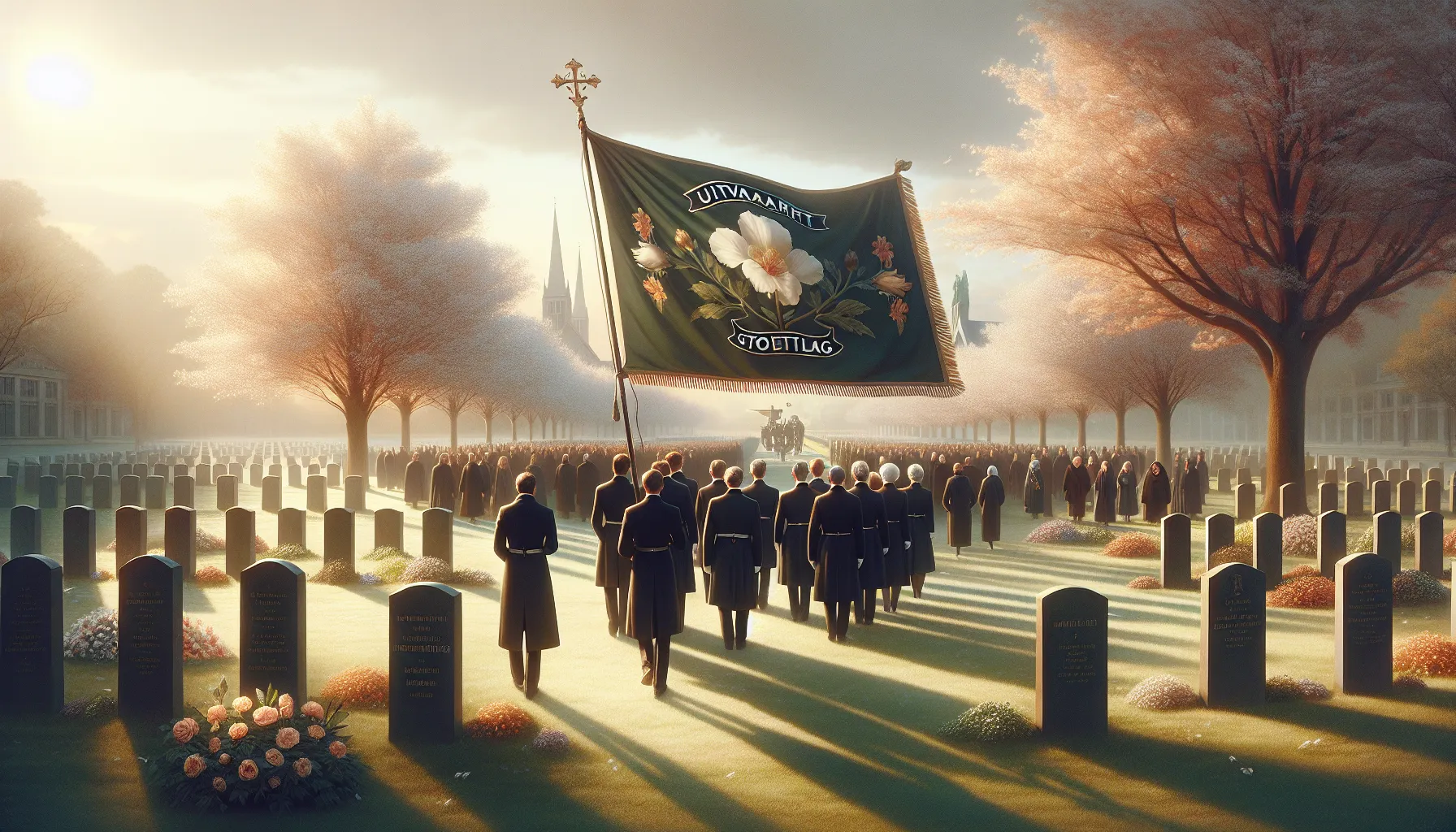 funeral procession with a uitvaartstoetvlag in an urban cemetery.