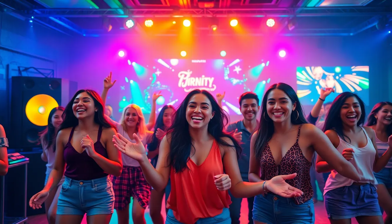 diverse group of young adults dancing joyfully in a vibrant setting.