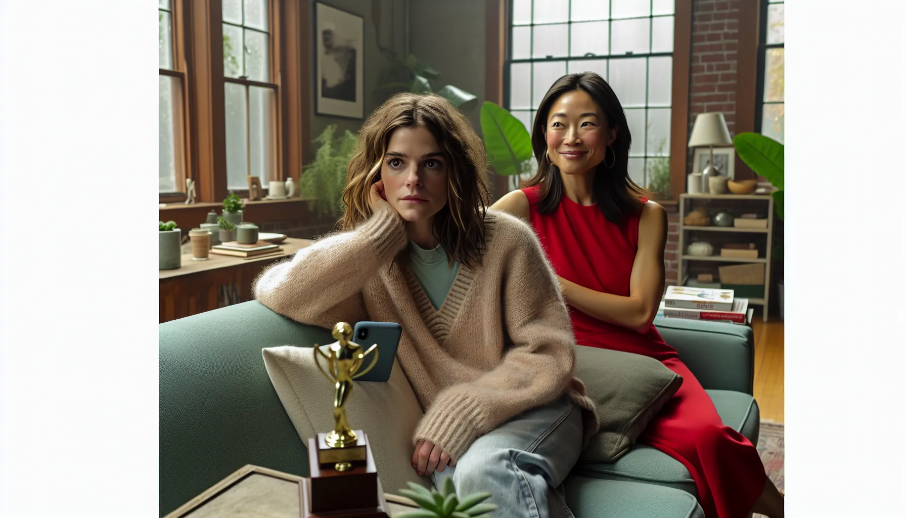 Two friends discussing achievements in a cozy living room.