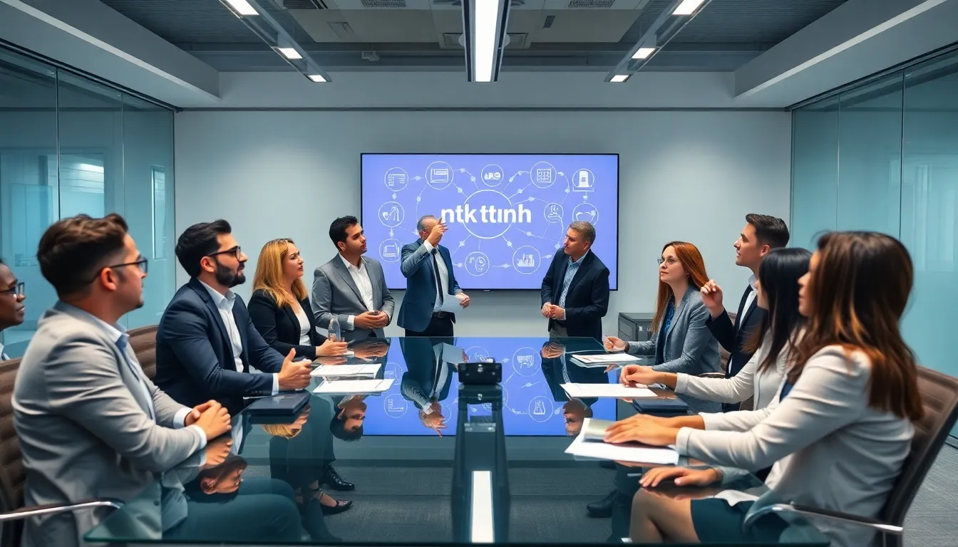 diverse professionals brainstorming in a modern conference room.