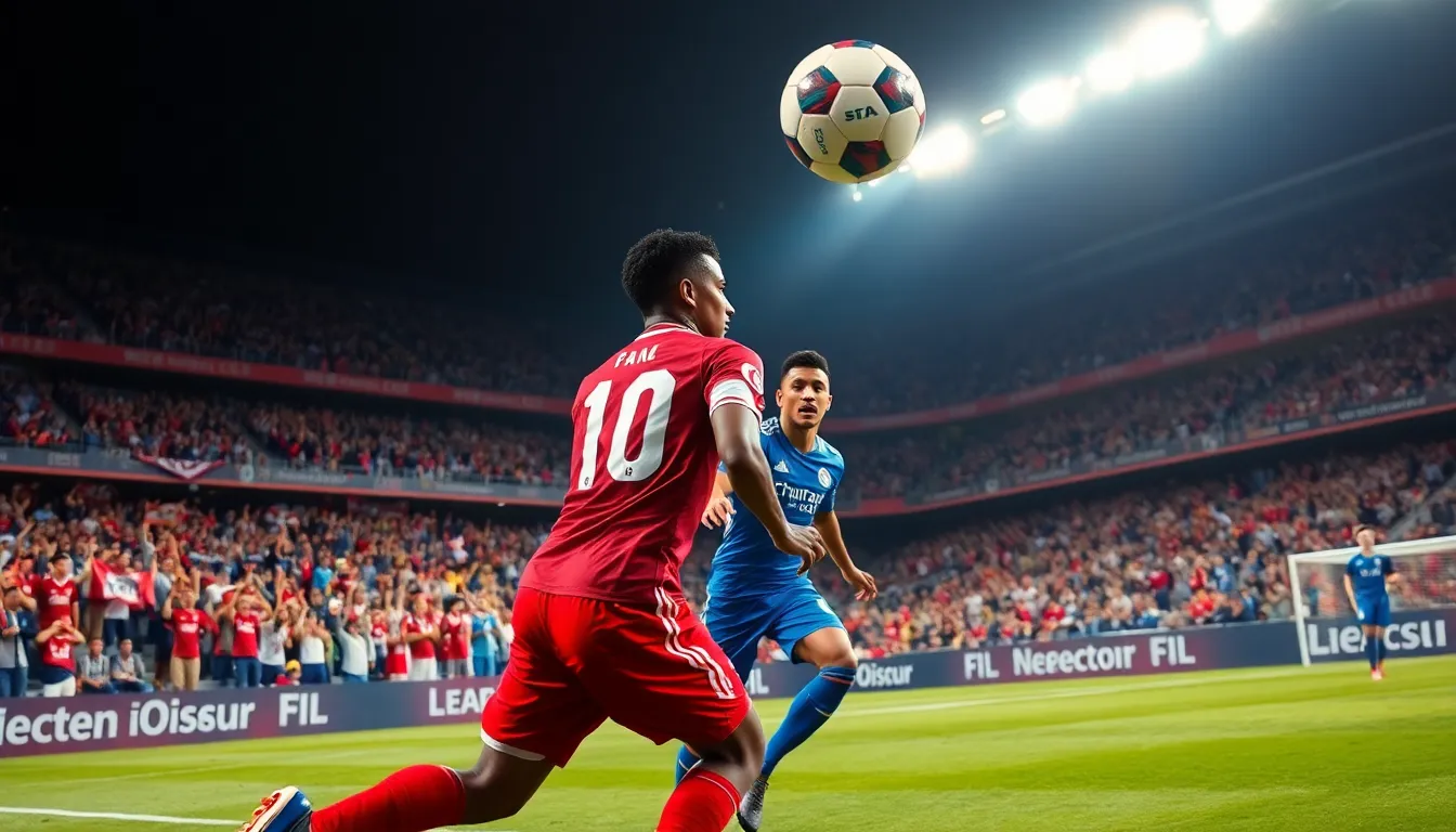 action in a football match with players and a cheering crowd.
