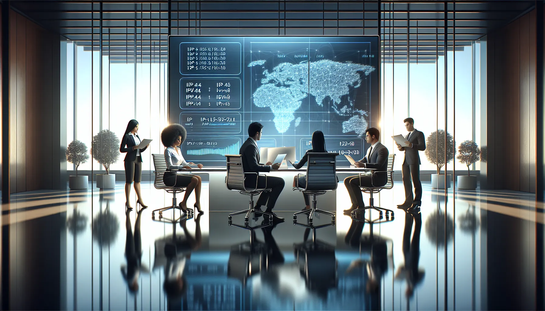 diverse professionals discussing IP address data in a modern office.
