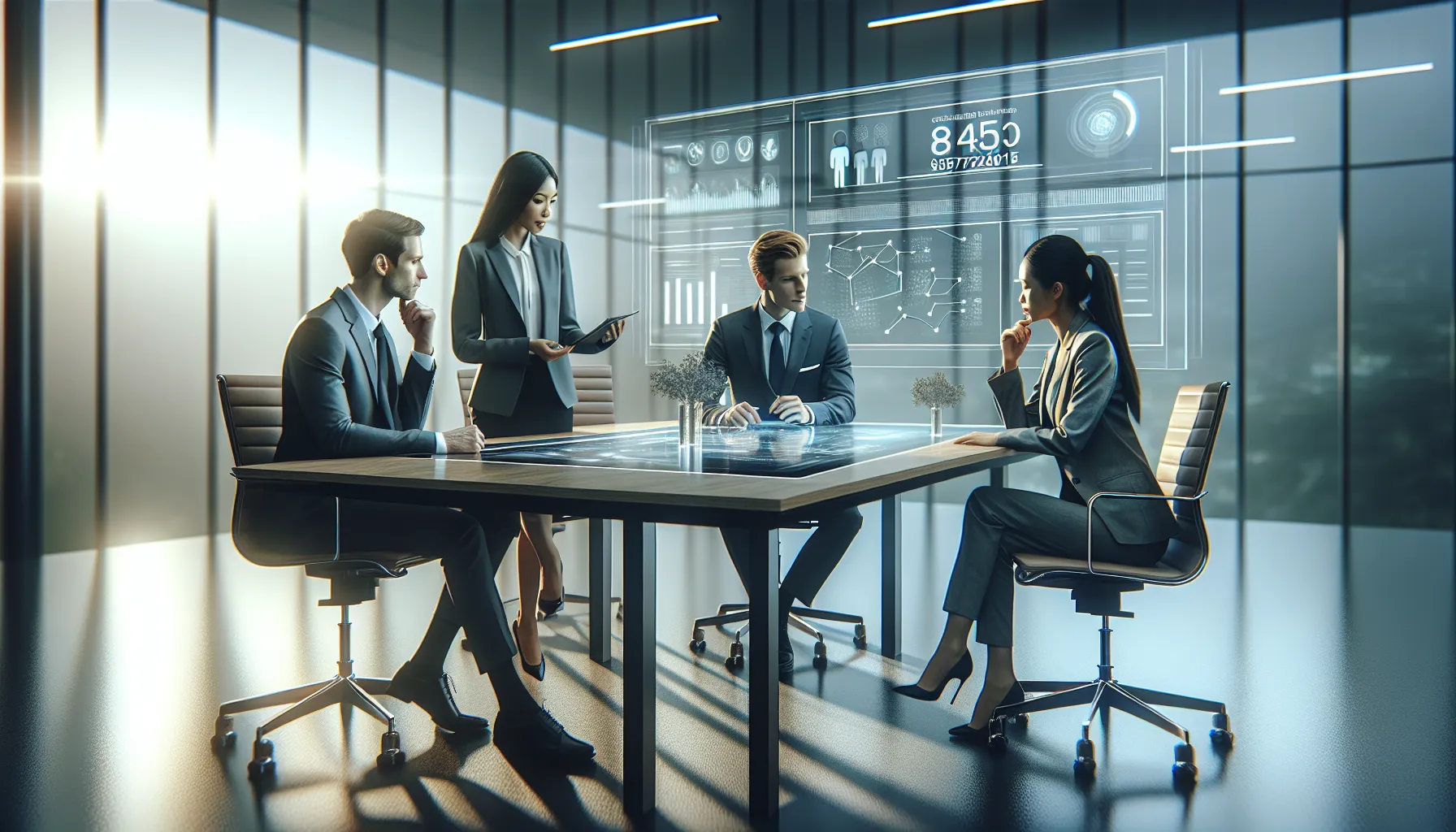 professionals discussing data security in a modern office setting.