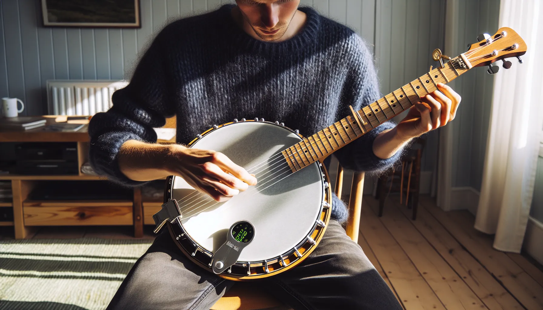 Norwegian beginner adjusting 5-string banjo with picks, capo, and tuner.