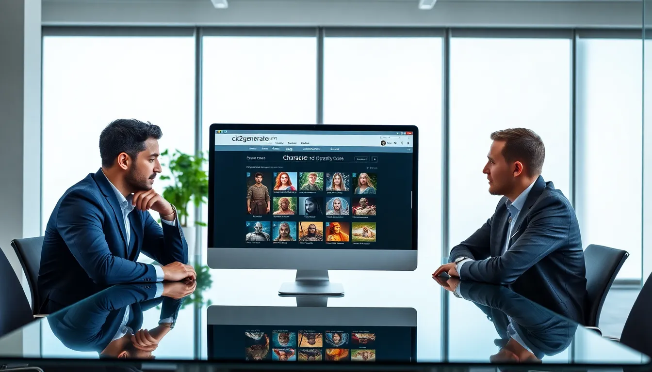 professionals collaborating over a computer displaying ck2generator.com.