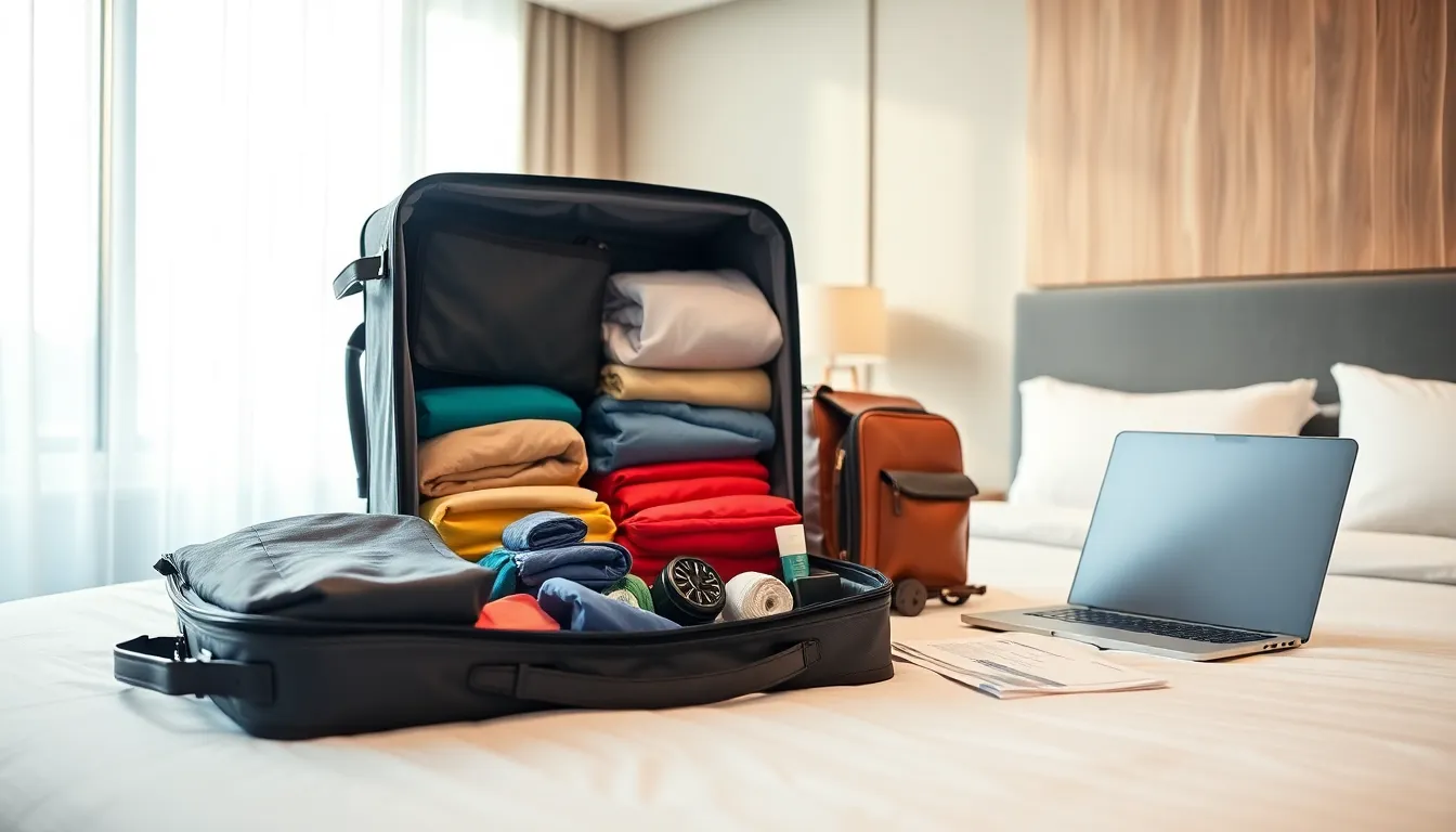 organized suitcase with packing hacks in a stylish hotel room.