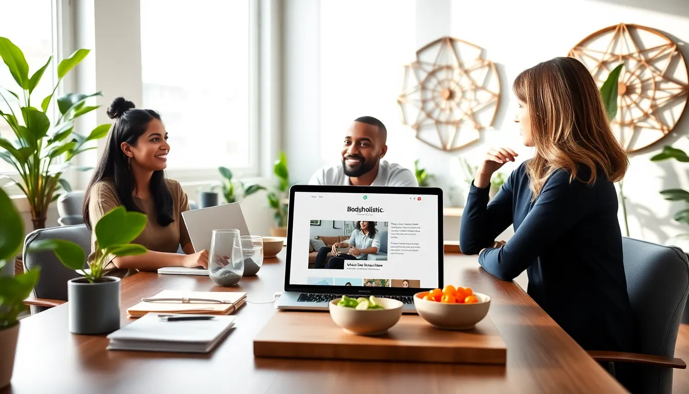 diverse professionals discussing wellness in a modern office setting.