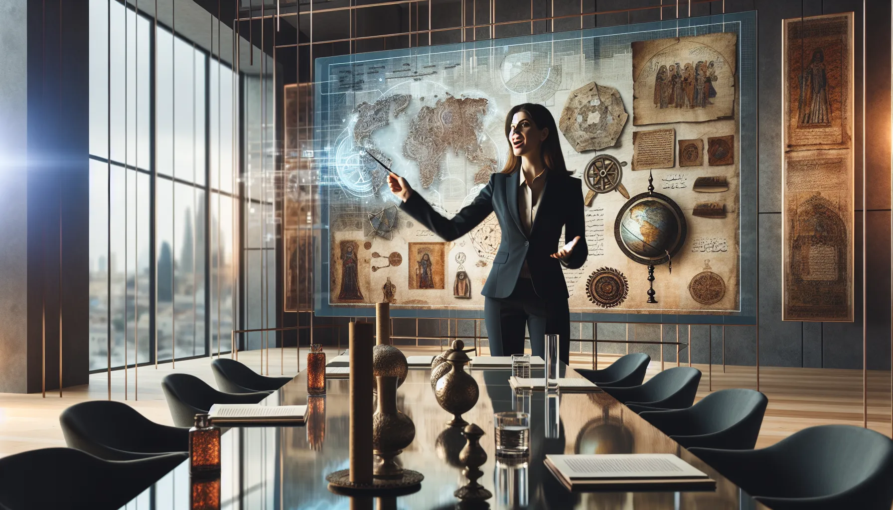 Historian presenting the historical context of белочкш in a modern conference room.