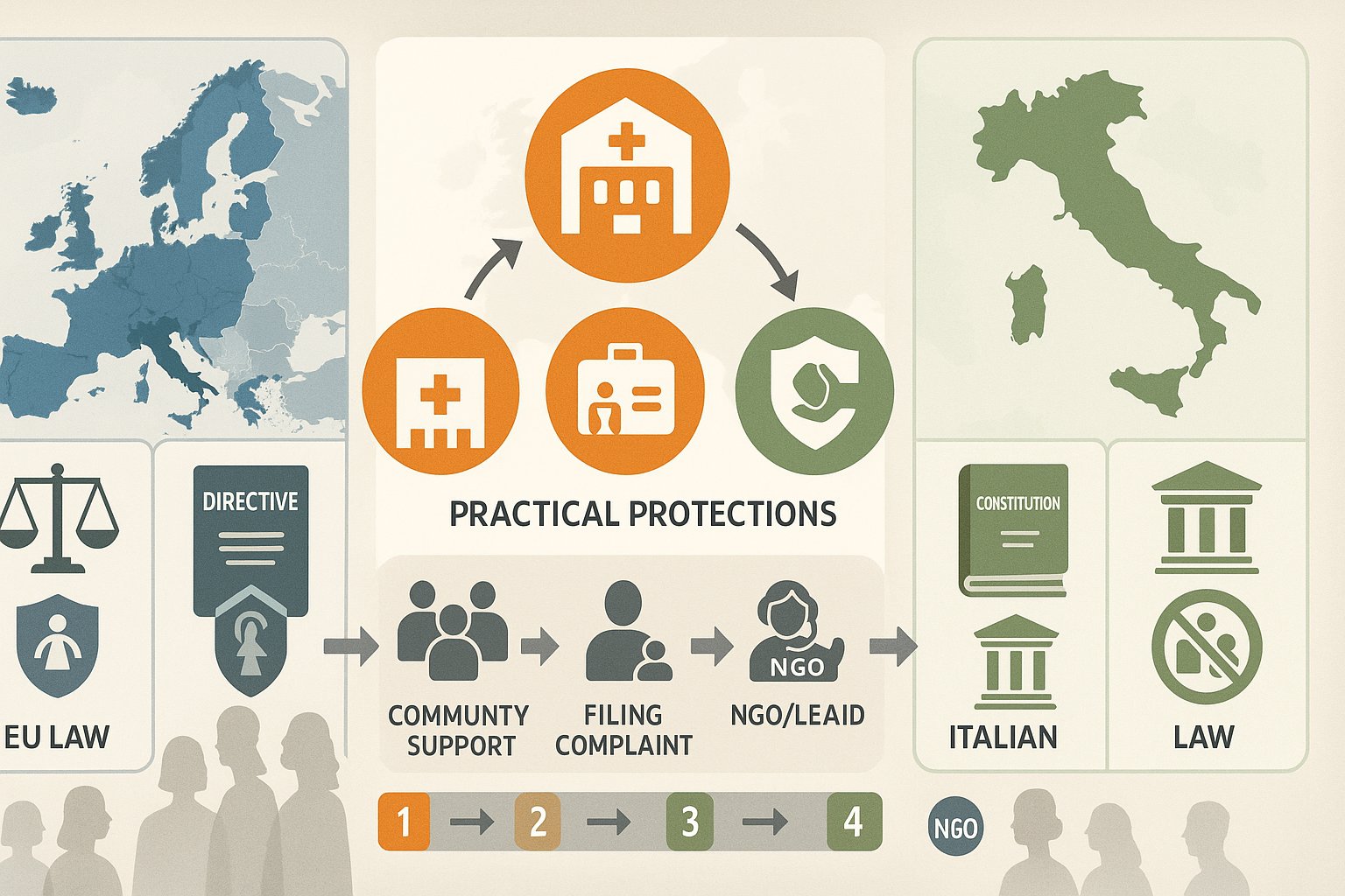 Diagramma che mostra le leggi UE e Italia collegate alla sanità, lavoro e protezioni per le vittime.