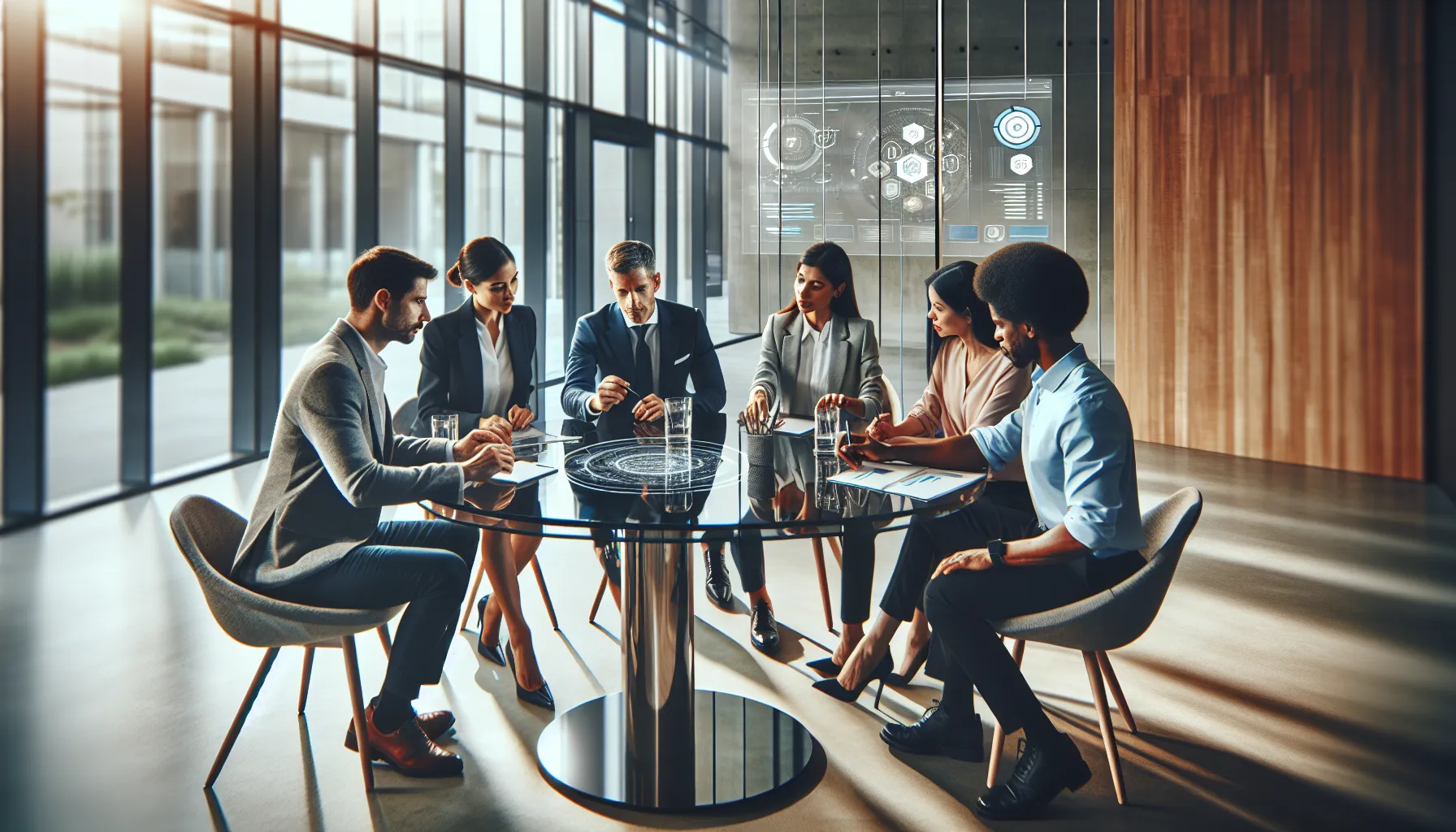 diverse team discussing digital resources in a modern office.