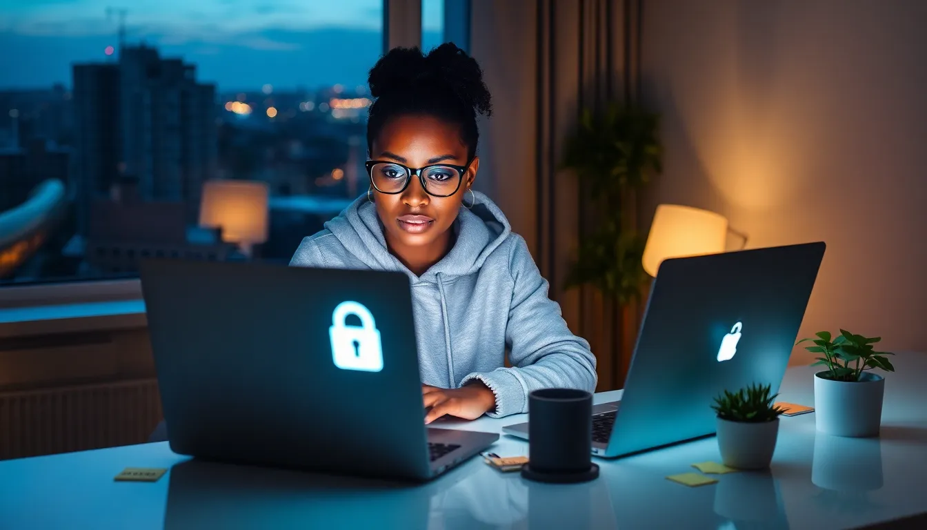 a woman focusing on online security in a dim home office.
