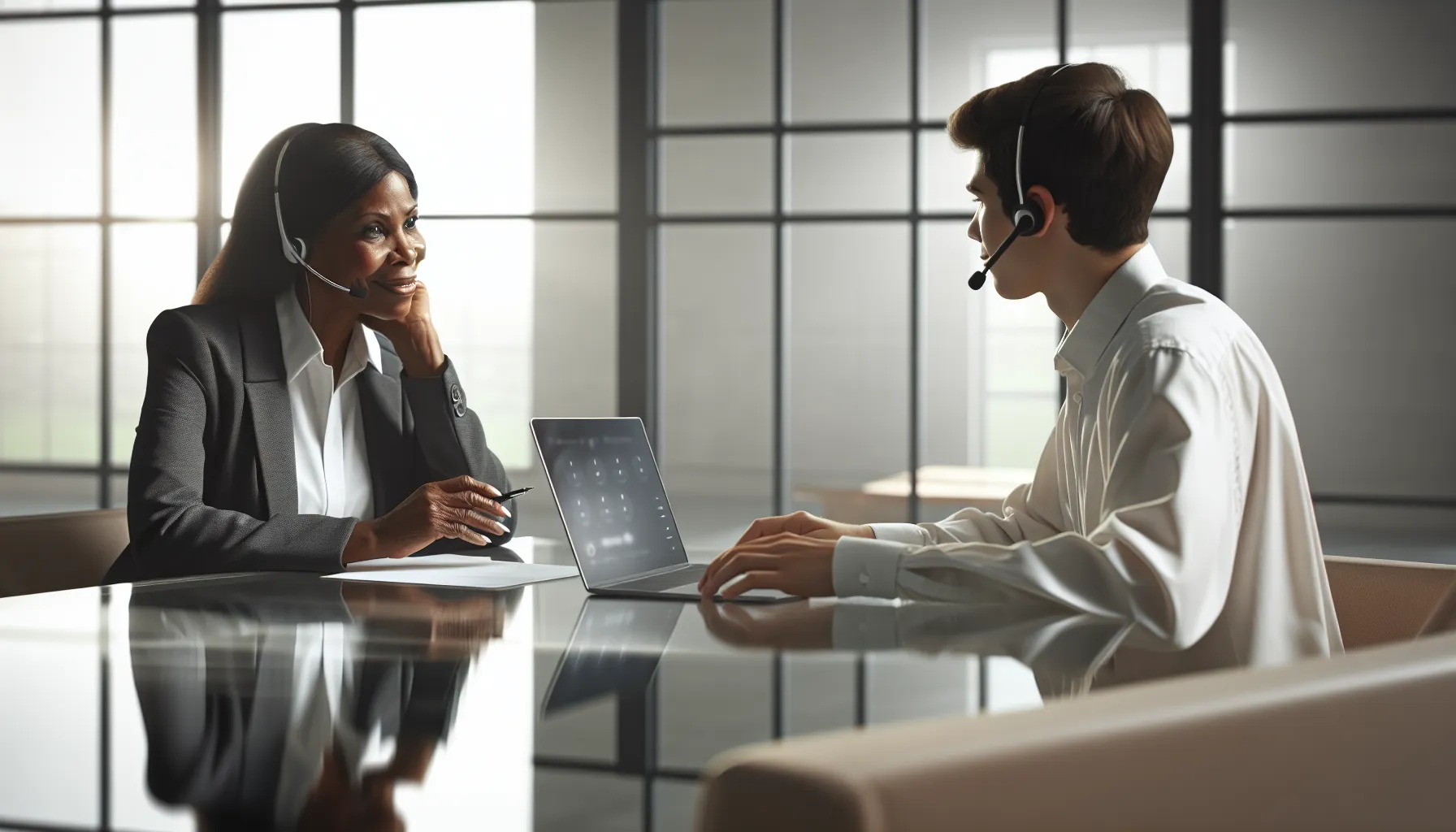 customer service representatives discussing solutions in a modern office.