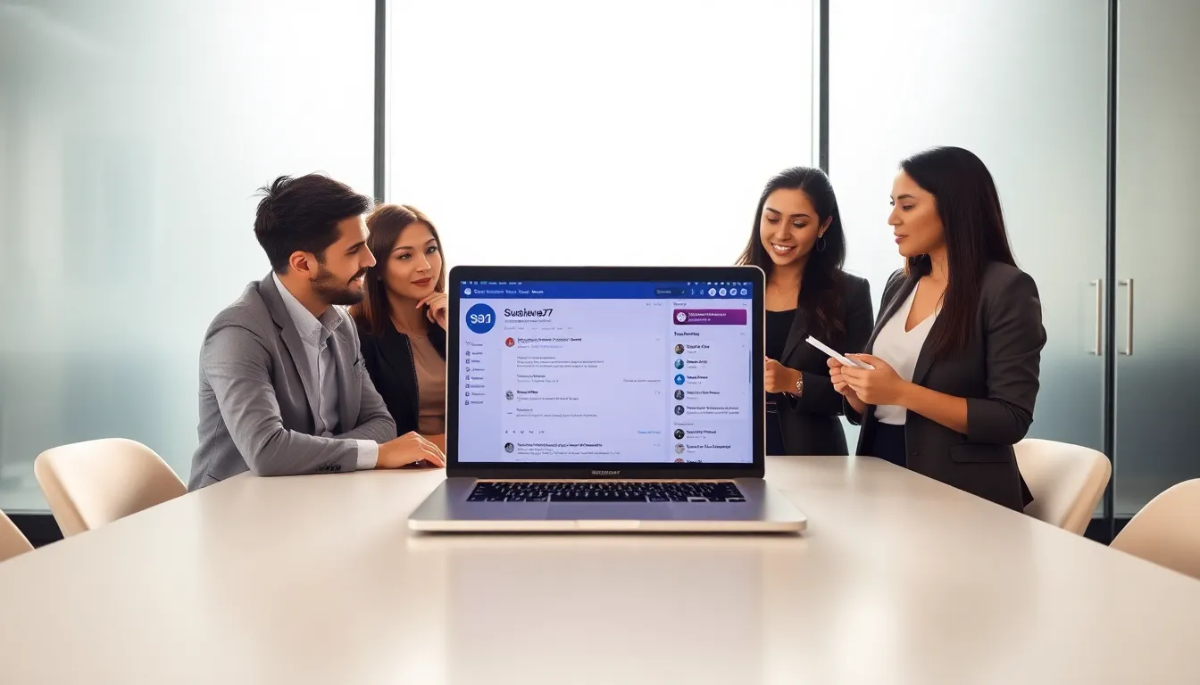 diverse professionals discussing online themes in a modern office.