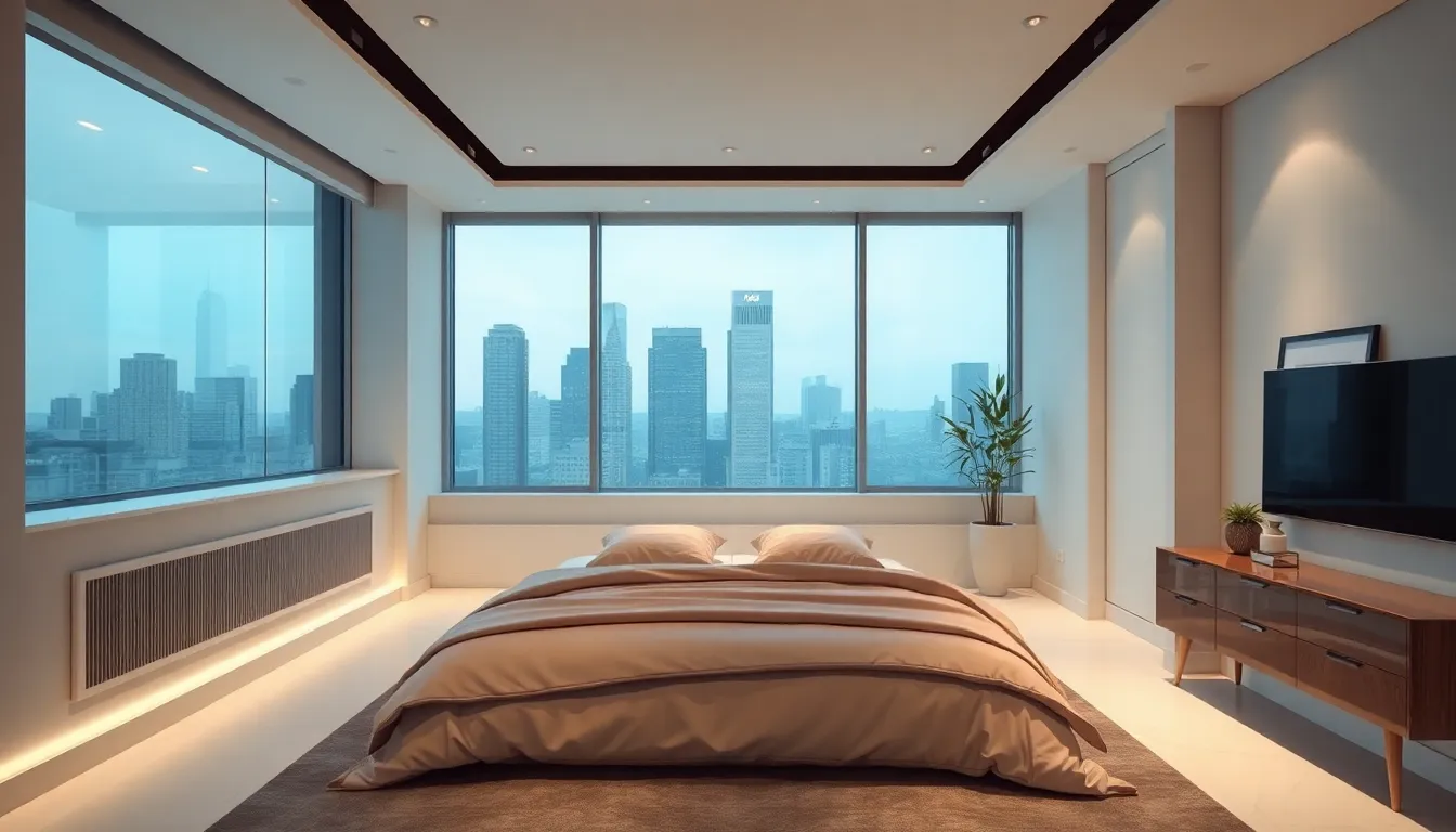 modern bedroom interior without windows, showcasing stylish decor and ventilation.