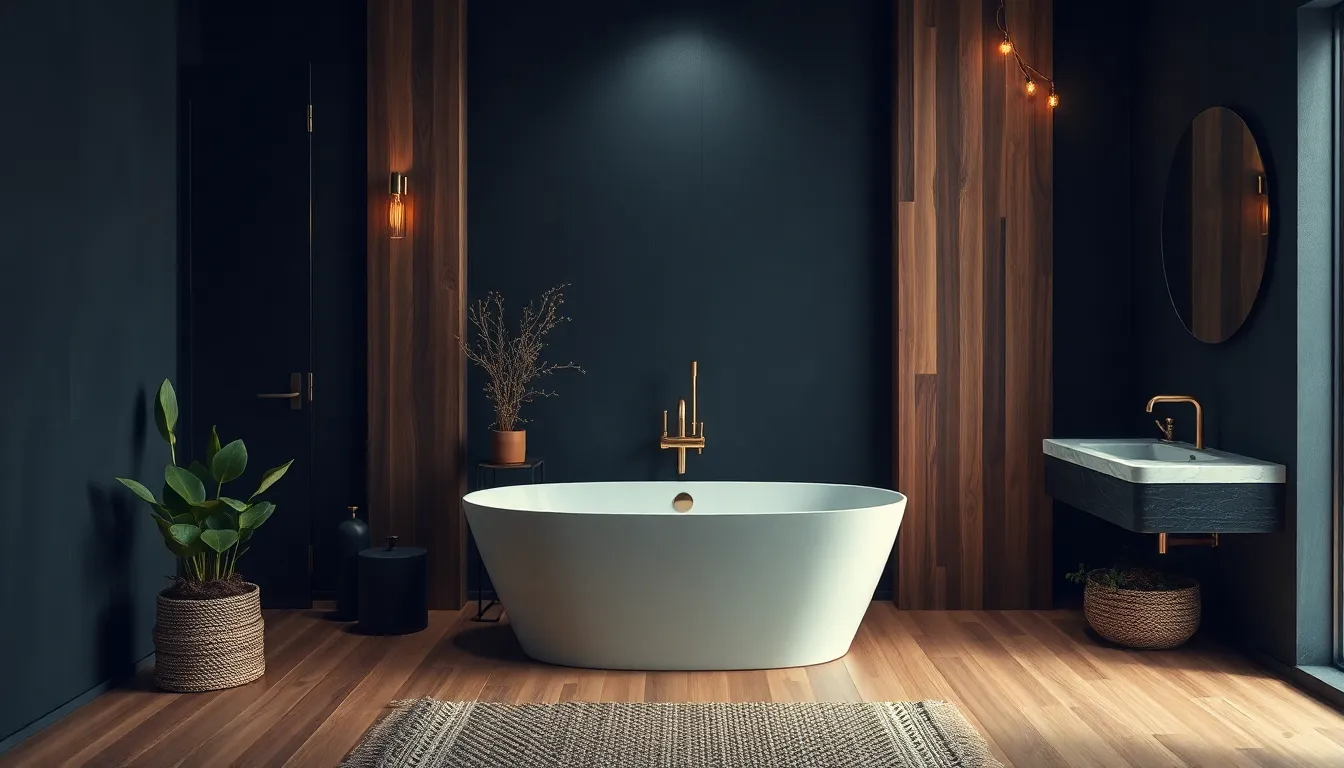 stylish moody bathroom with dark colors and warm lighting.