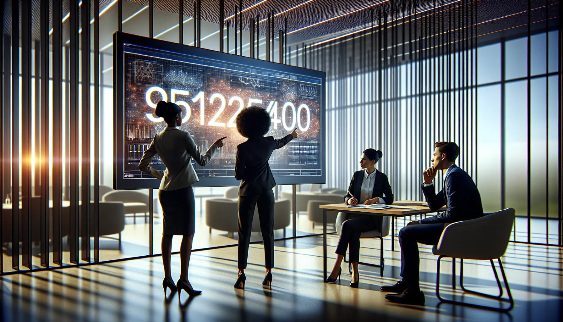 diverse team analyzing a digital dashboard with the number '9512256400'.