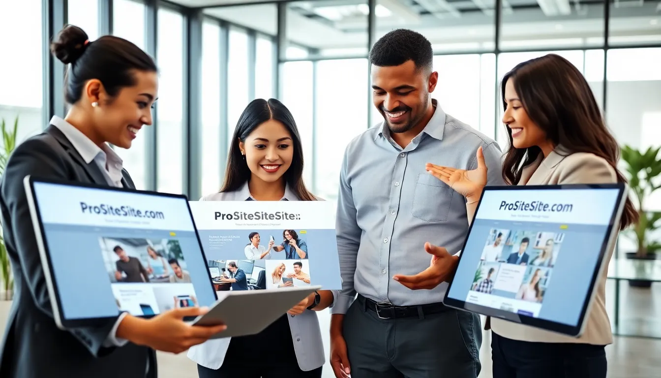 diverse team collaborating on website design in a modern office.