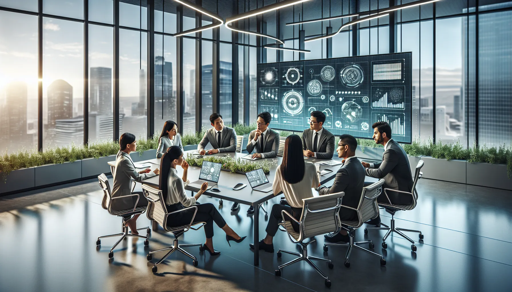 diverse team discussing green energy solutions in a modern office.