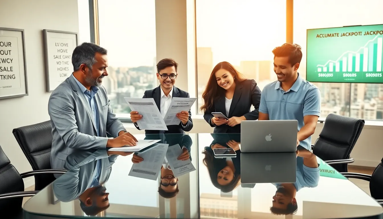 a diverse group discussing accumulative jackpots in a bright real estate office.