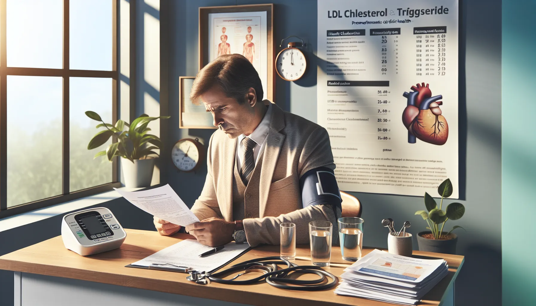 a concerned man reviewing health information about cholesterol levels in an office.