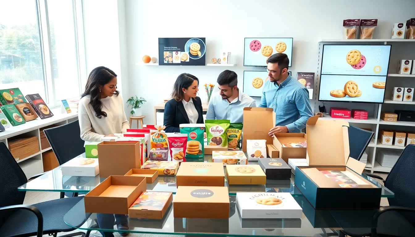 diverse team discussing cookie packaging options in a modern workspace.