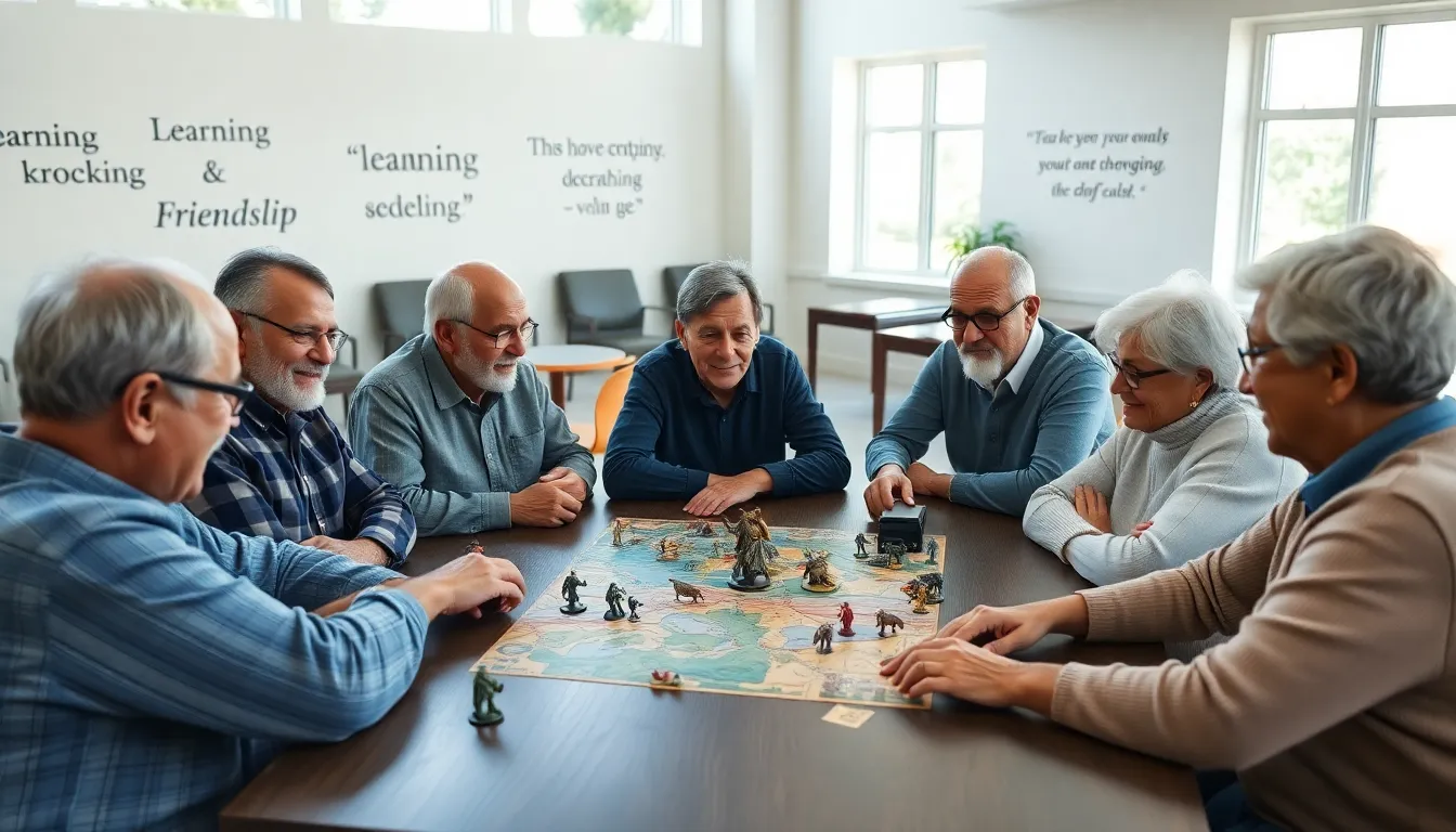 diverse elderly group playing a tabletop war game in a community center.