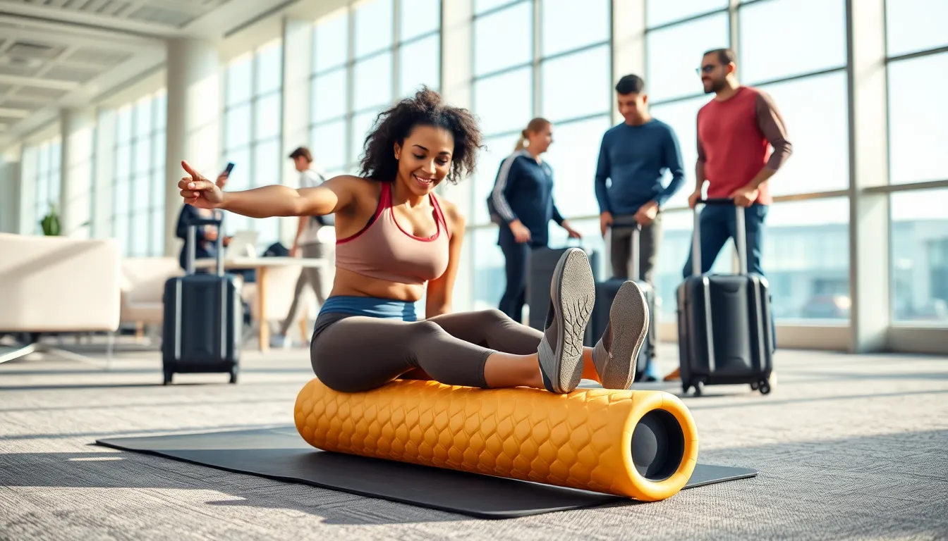 diverse travelers using a foam roller in a modern airport lounge.