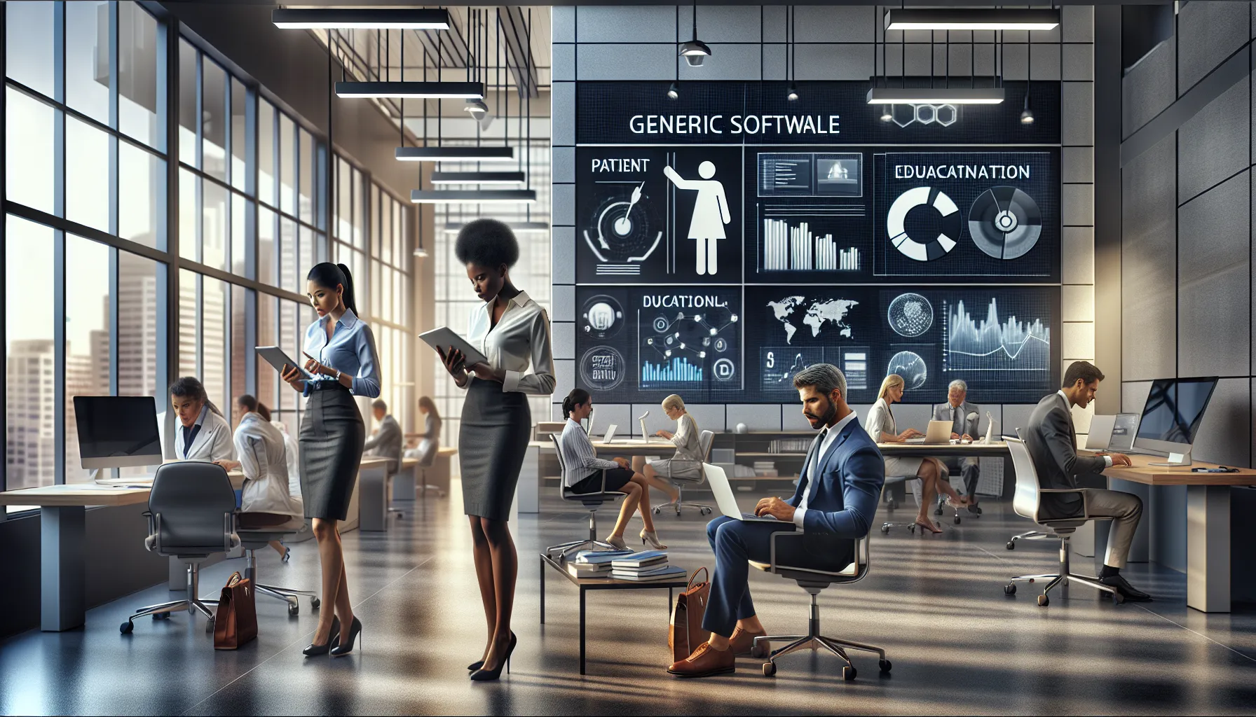 diverse professionals collaborating in a modern office setting.