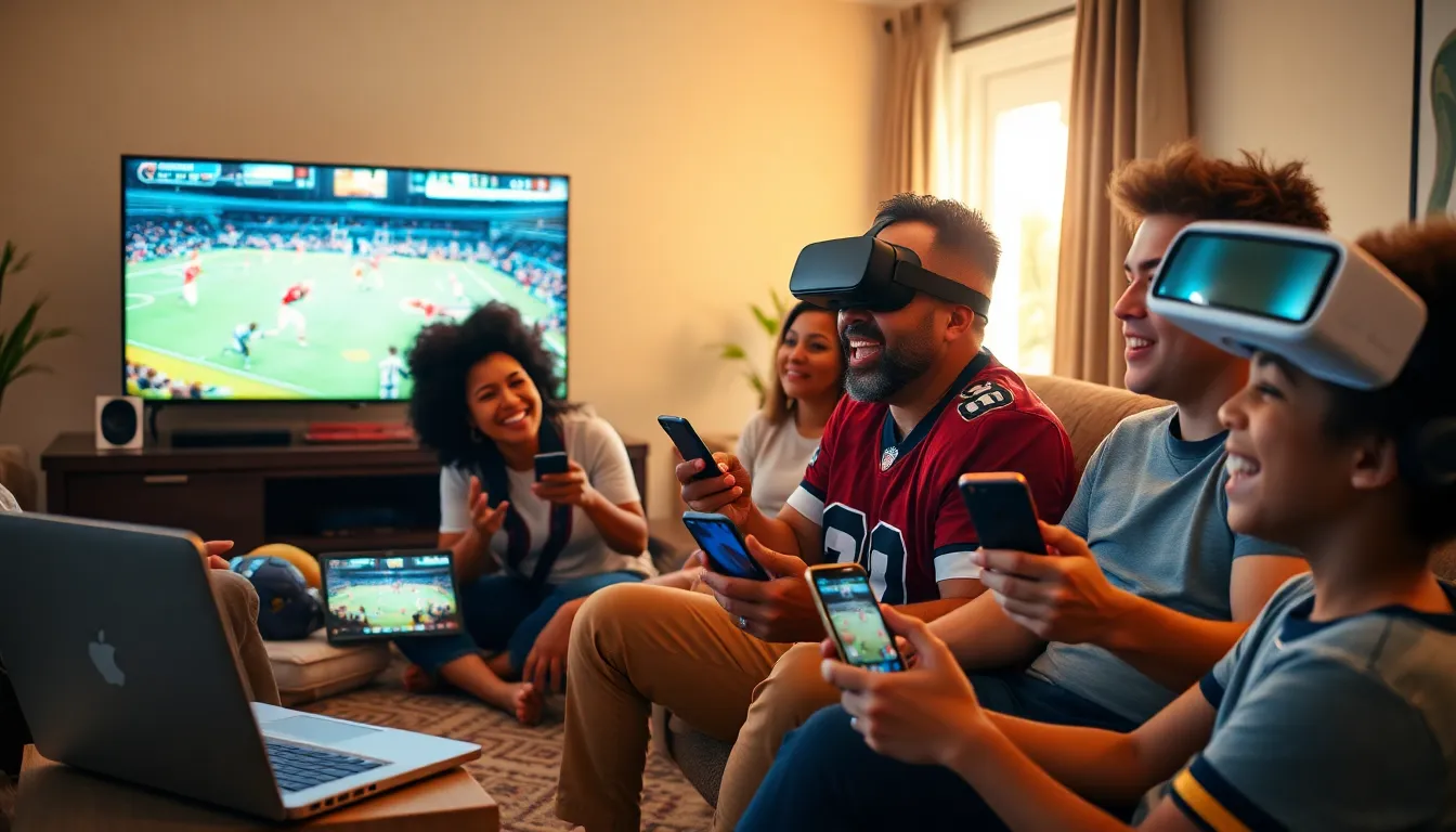 fans enjoying sports coverage on various devices in a cozy living room.