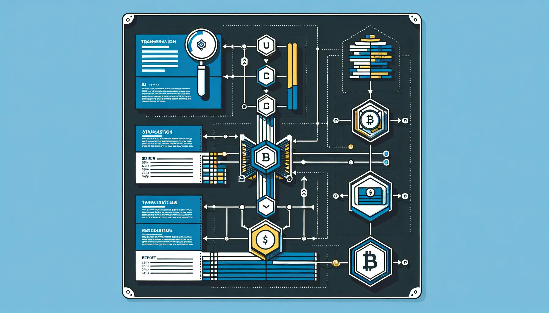 Vertical infographic showing transaction ID, wallet addresses, and supporting details for blockchain verification.