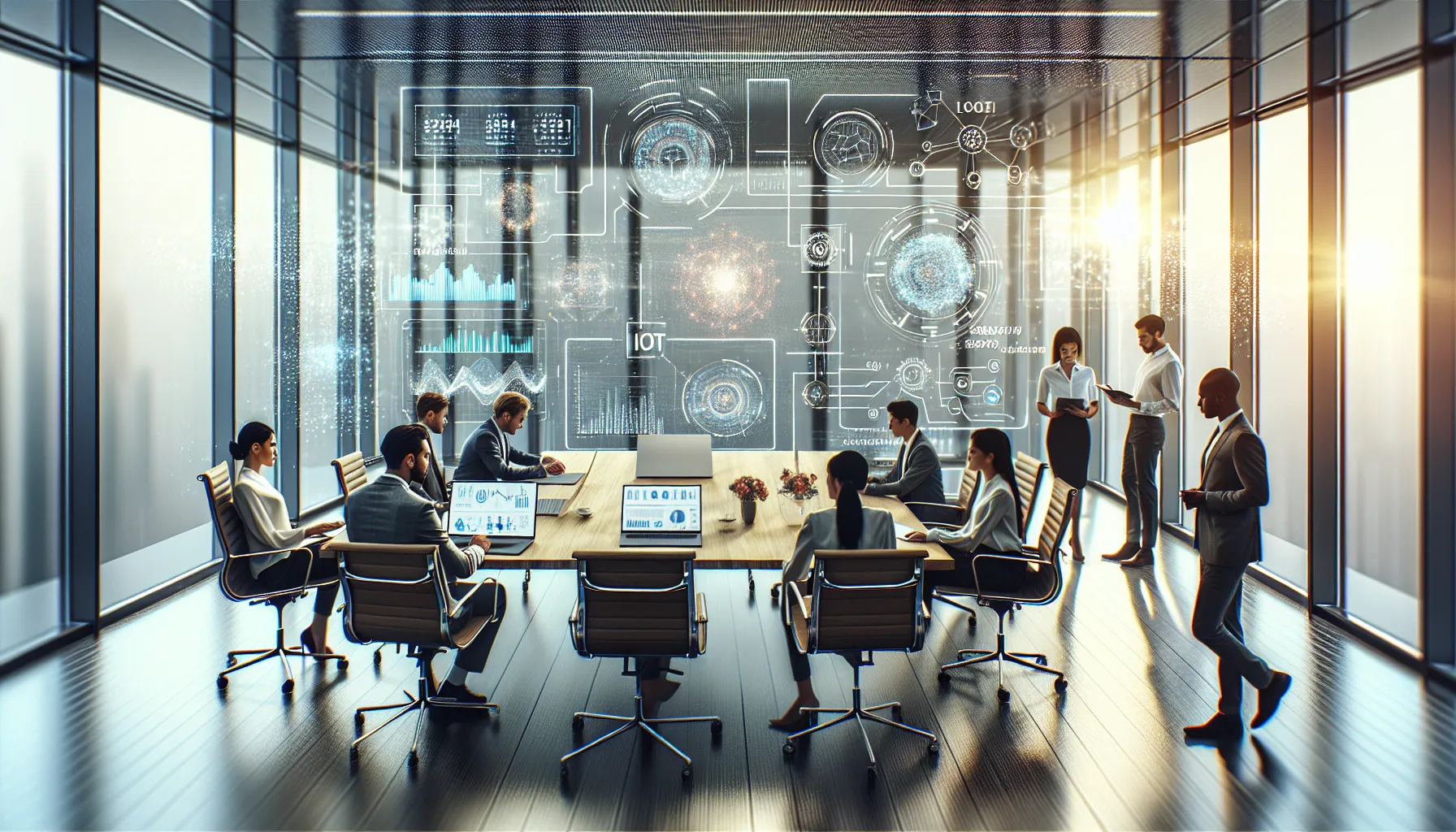 diverse team collaborating in a high-tech office setting.