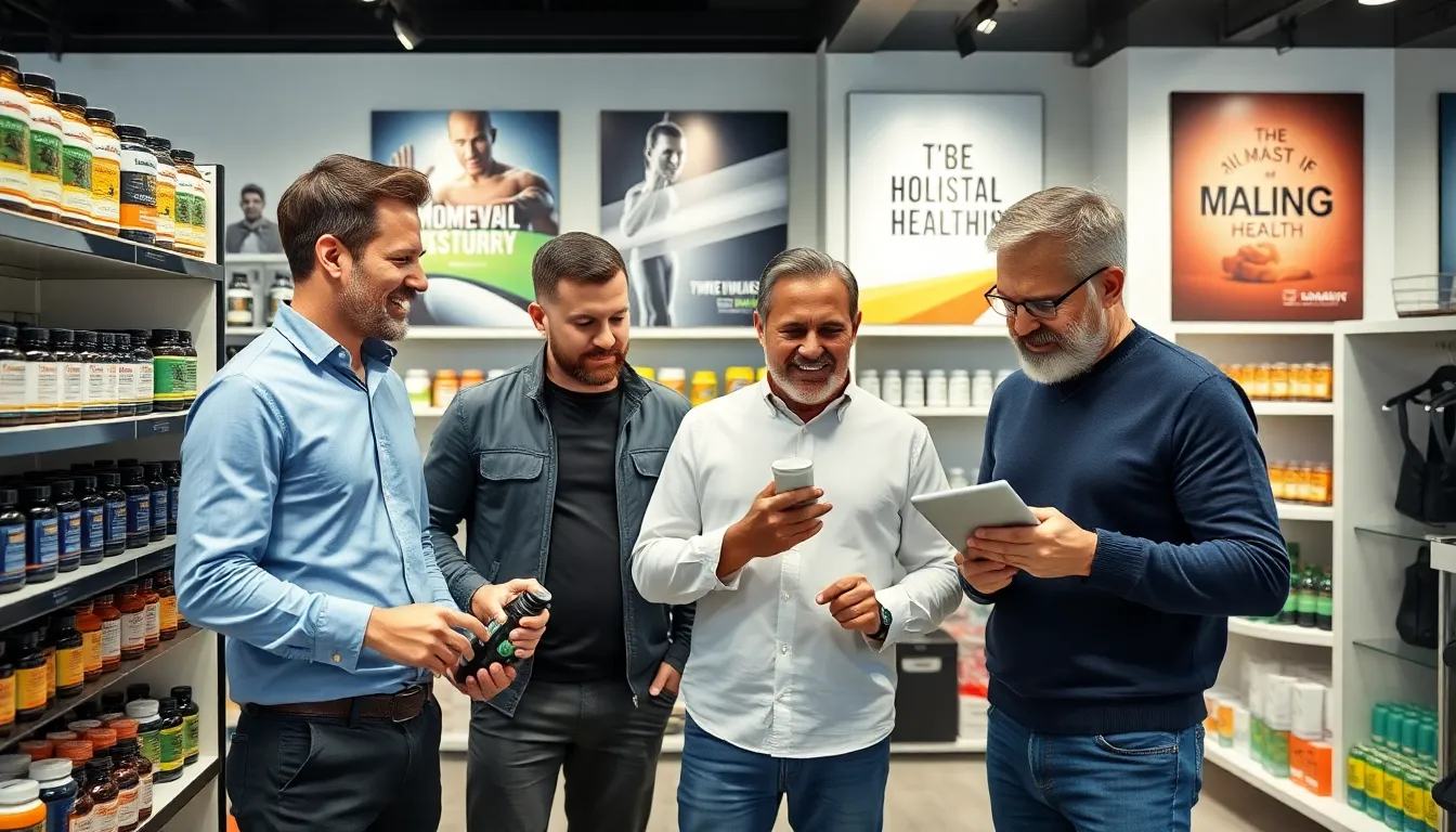 diverse men discussing health products in a modern showroom.