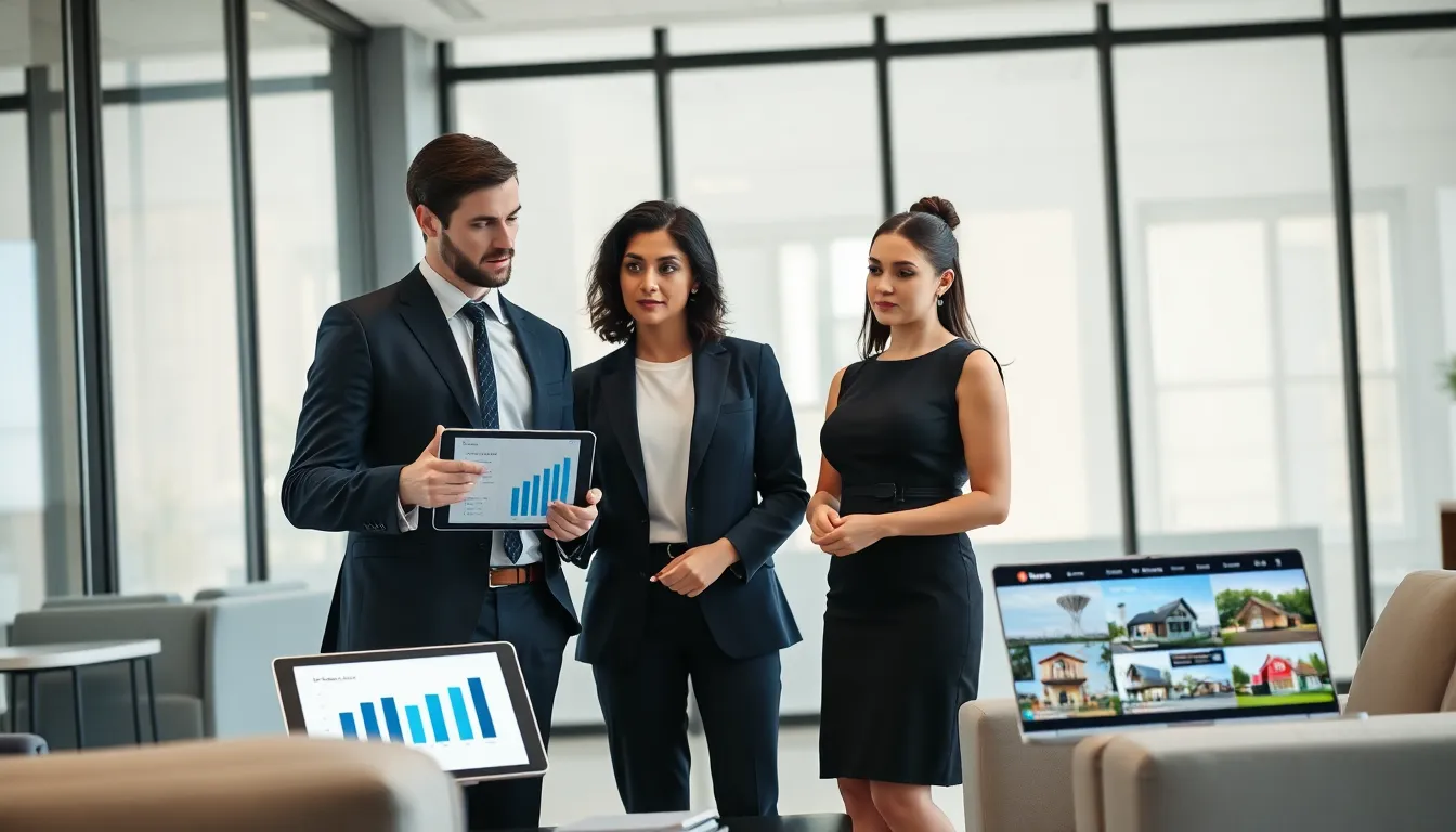 professionals discussing renting vs buying a house in a modern office.