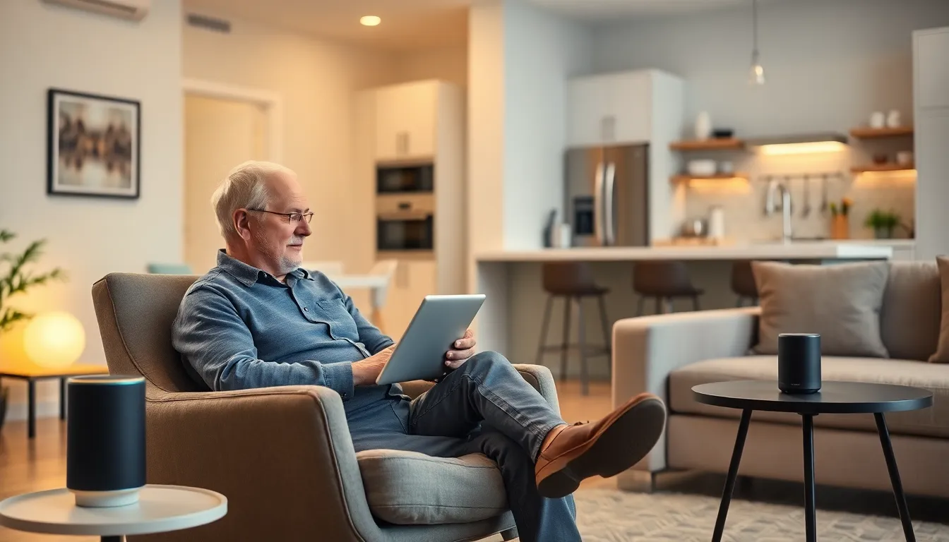 elderly man using a smart home tablet in a cozy living room.