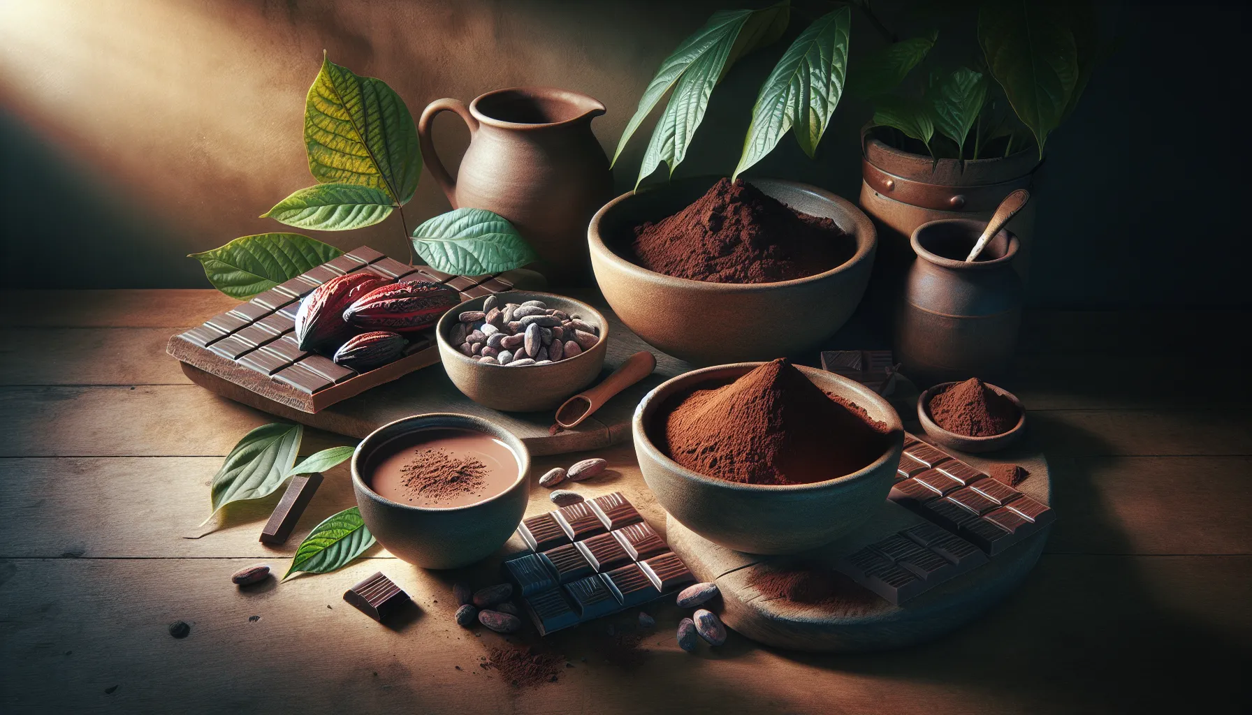 A comparison of cacao and cocoa powders in a rustic kitchen setting.