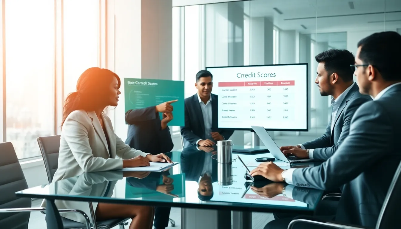 diverse financial advisors discussing credit scores in a modern office.