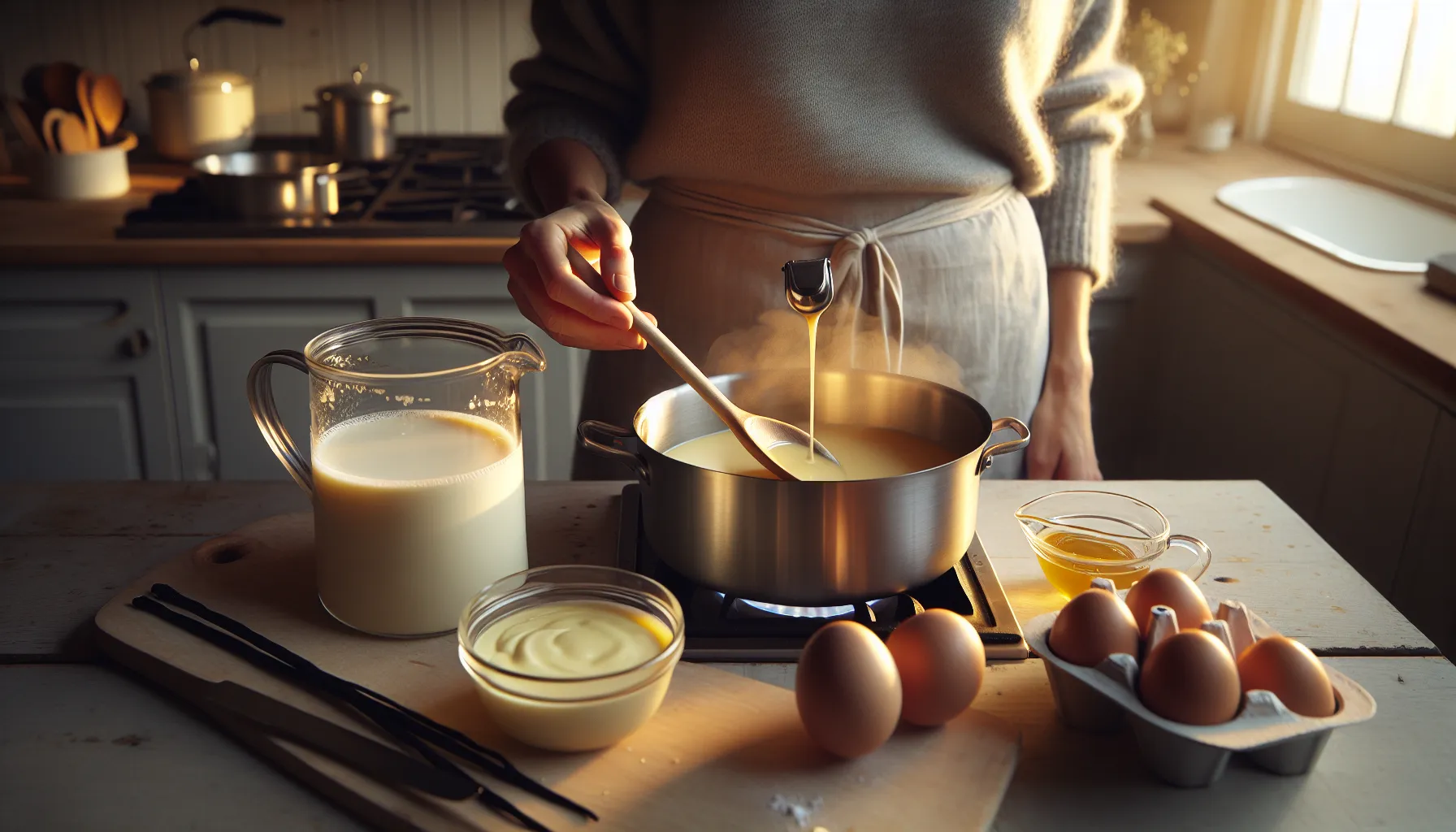 Woman stirring silky vanilla sauce on a spoon over a saucepan in a nordic kitchen.