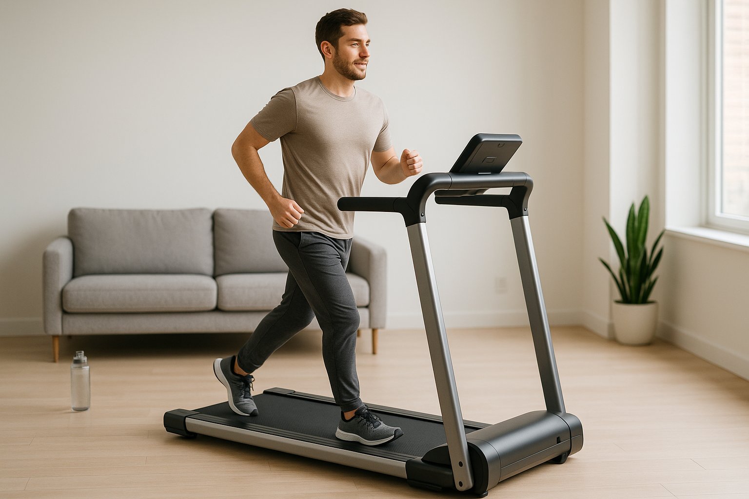 person lightly running on a folding treadmill in a modern apartment