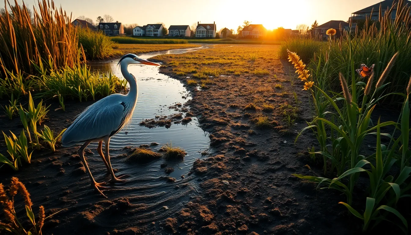 Great blue heron in a coastal wetland protecting nearby homes.