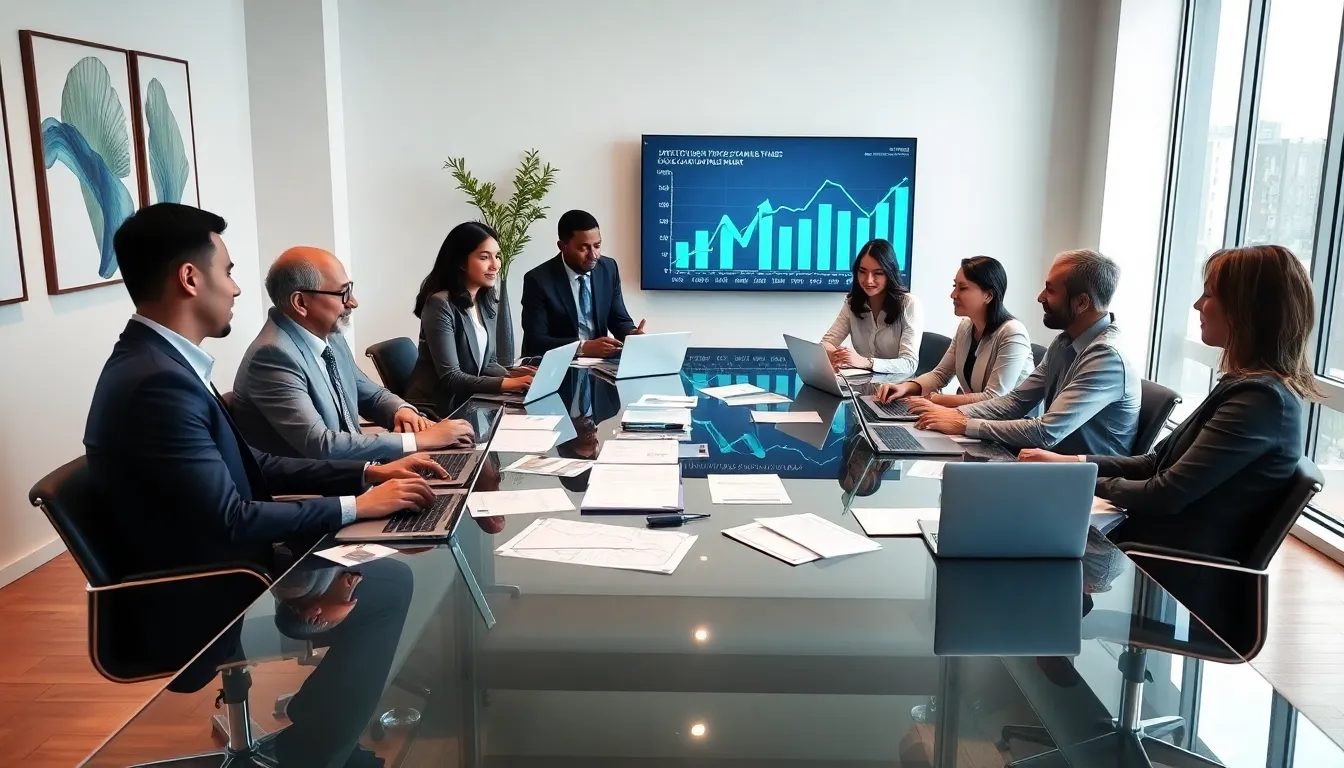 diverse team discussing wealth building strategies in a modern office.