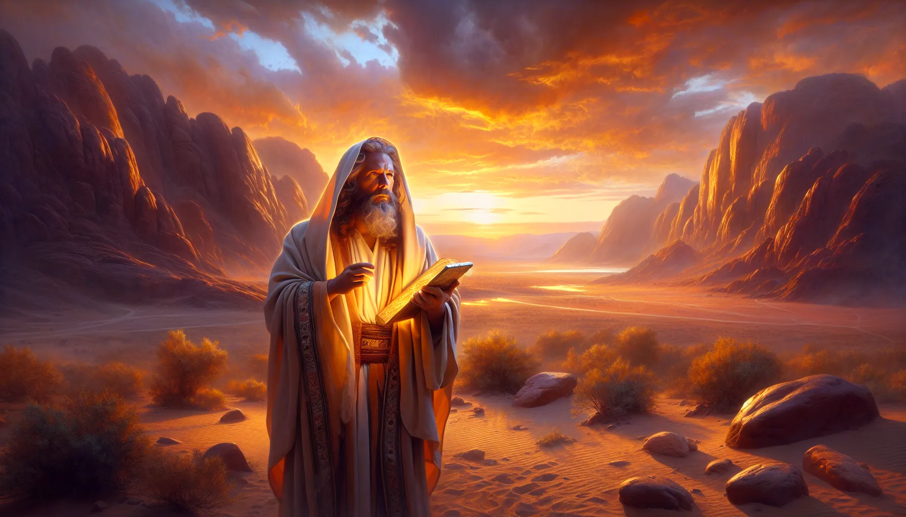 Moses receiving the Ten Commandments in the Sinai Desert at sunset.