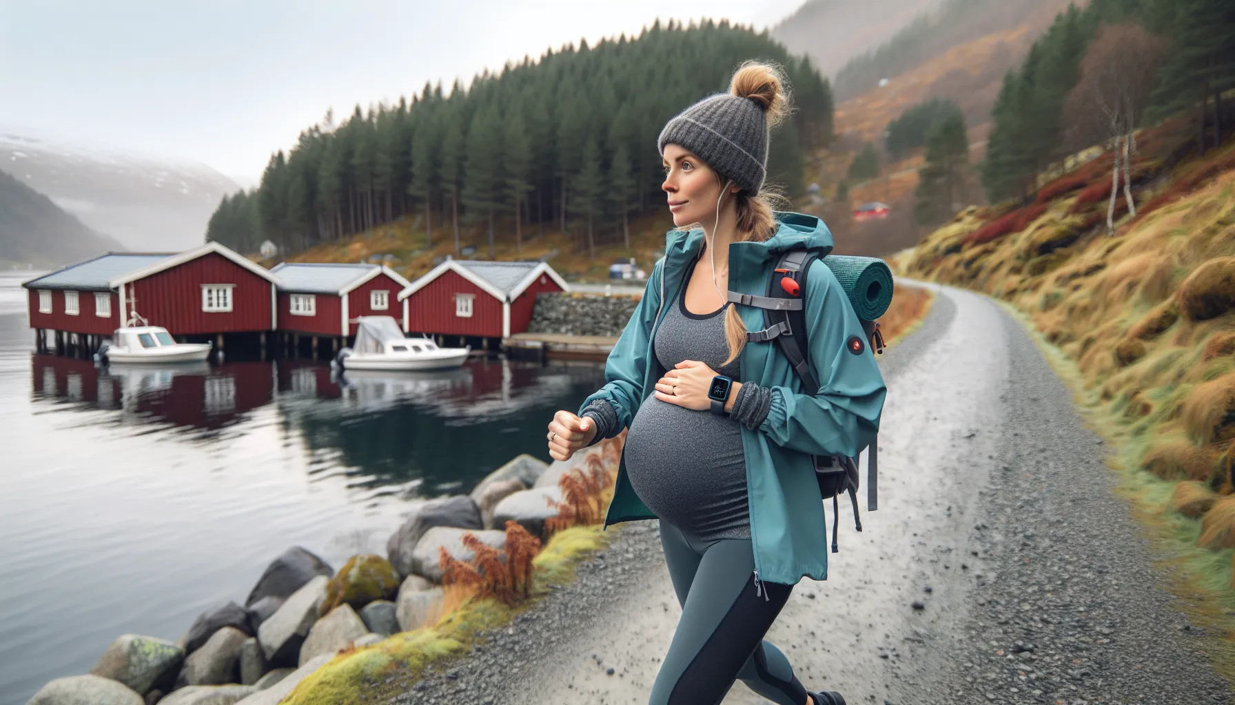 Pregnant woman brisk-walking by a Norwegian fjord, checking heart-rate smartwatch.
