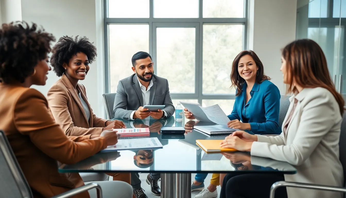 diverse professionals discussing financial strategies in a modern office.