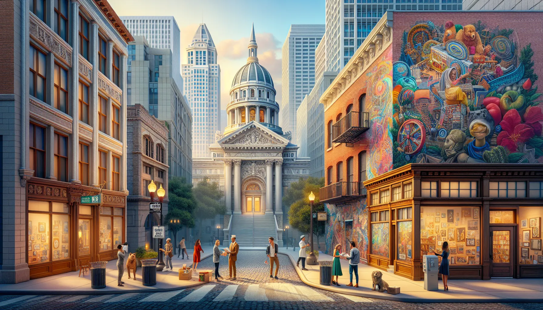 colorful cityscape with iconic buildings and hidden street art.