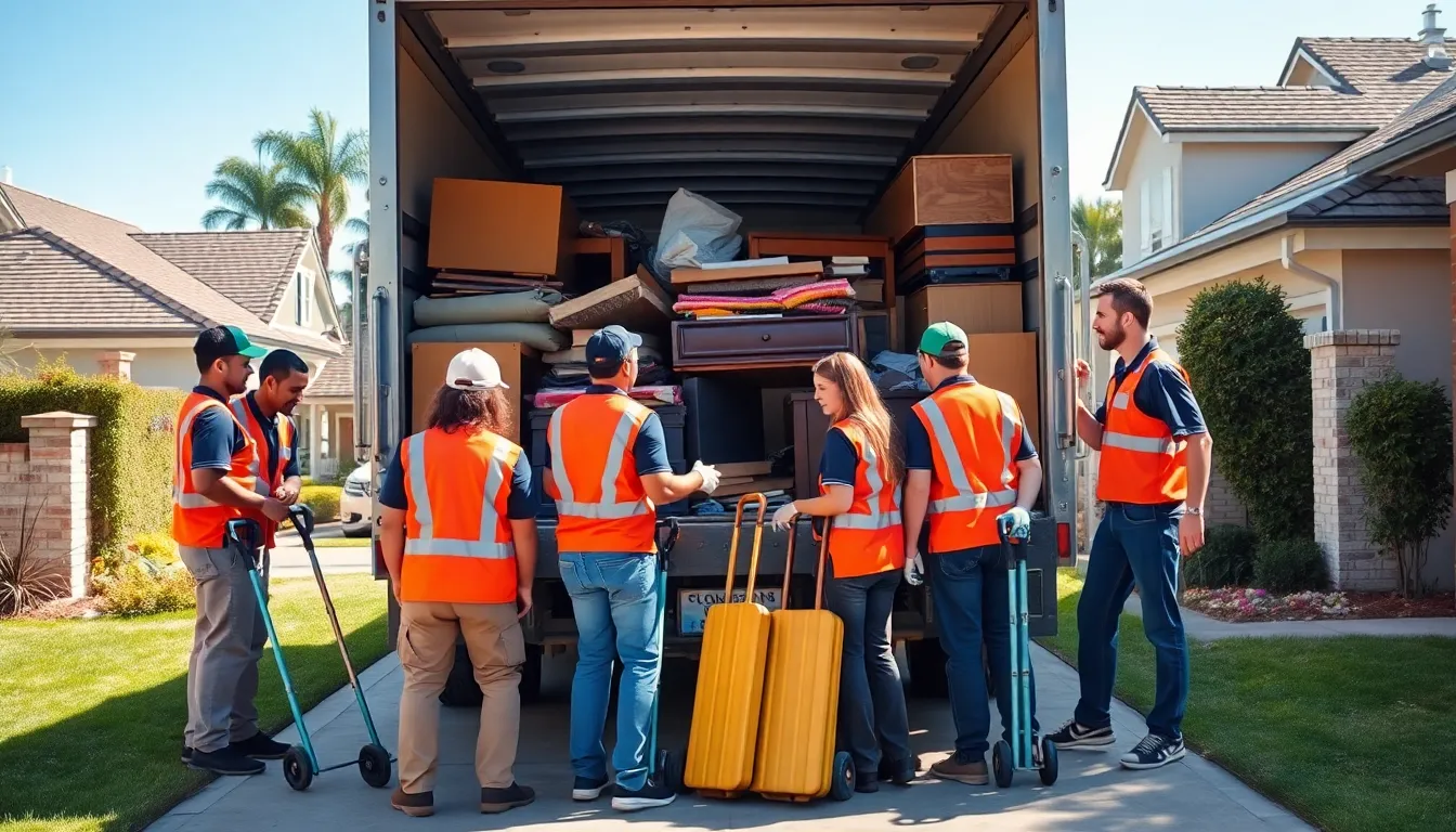 diverse team of junk haulers loading items into a company truck.
